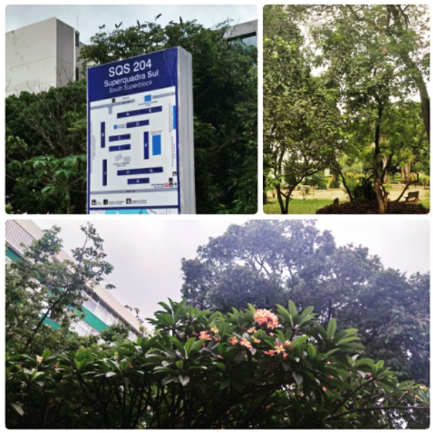 Placa com mapa da quadra localizado em frente ao bloco G e ao lado do bloco K na SQS 204, em Brasília-DF